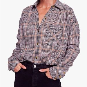 Free People Women's Large Plaid Tunic Blouse Top Cotton Orange Metallic